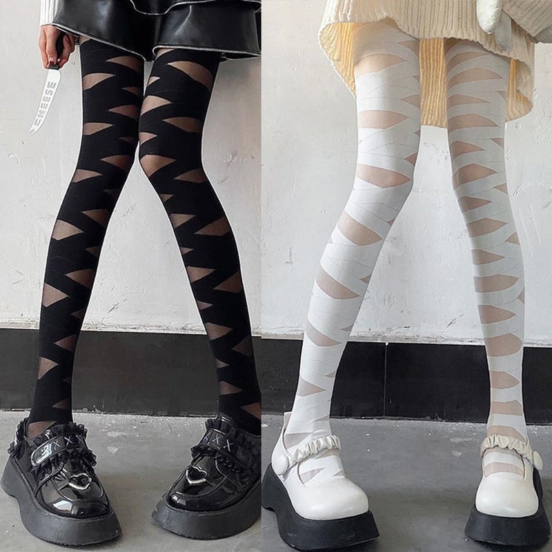 CARALL 2 Pairs Halloween Mummy Tights Gothic Punk Bandage High Stocking Y2k Cross Straps Tights Pantyhose Bandage Hosiery for Women Halloween Masquerade Cosplay Party Costume - Image 4